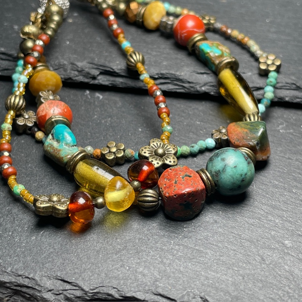 Artisan Multi-Strand Bracelet 
Genuine Turquoise & Baltic Amber 
Boho OOAK